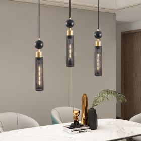 25" Modern Black and Gold 3-Light Pendant Chandelier, Adjustable Hanging Lights with Cylindrical Mesh Shades, E26 Base, Ideal for Dining Room 25" Modern Black and Gold 3-Light Pendant Chandelier, Adjustable Hanging Lights with Cylindrical Mesh Shades, E26 Base, Ideal for Dining Room